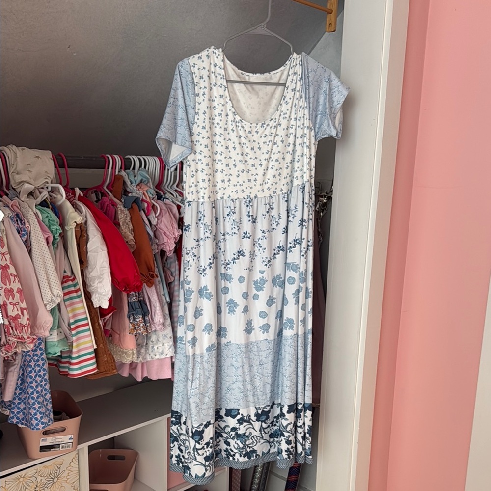 Floral Patchwork Dress in Blue and White